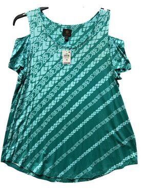 JM Collection Womens 1X Amalfi Blue Cold-Shoulder Top With Diagonal Print
